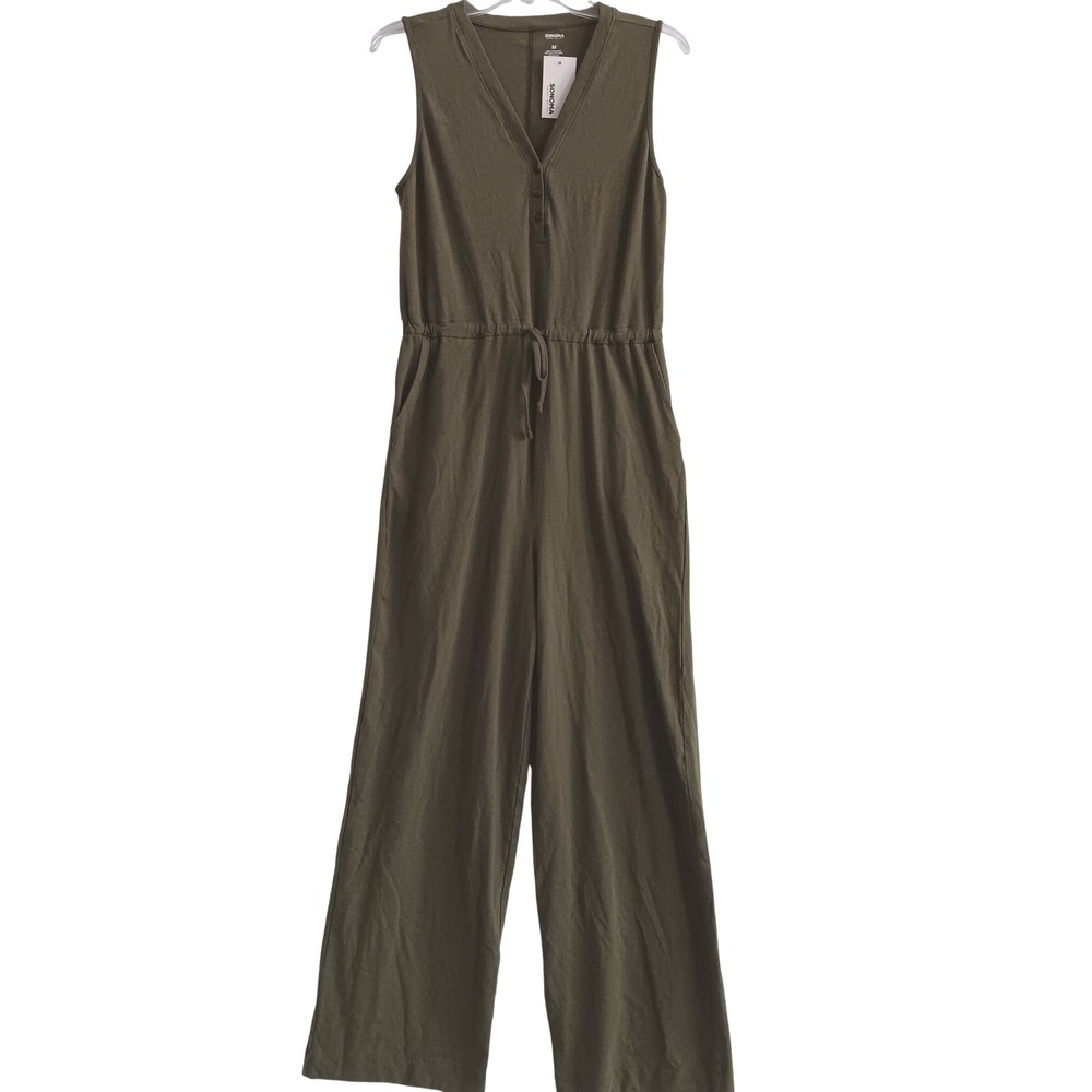 Sonoma Jumpsuit Womens Medium Olive Green New Sleeveless Henley Wide Leg Cotton